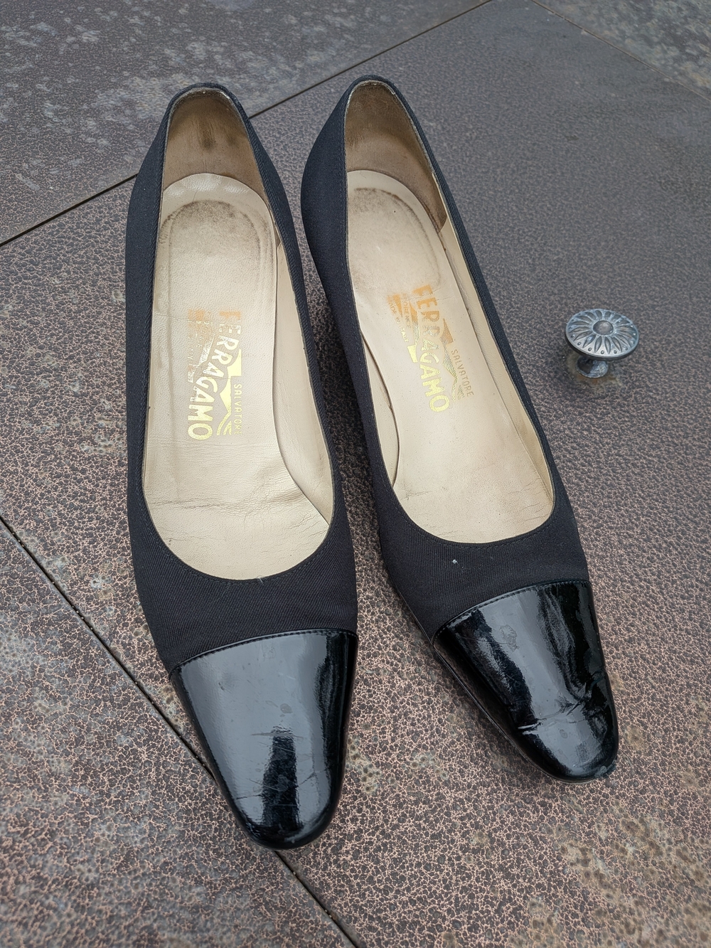 Salvatore Ferragamo Black Fabric Pumps with Black Patent Cap Toe